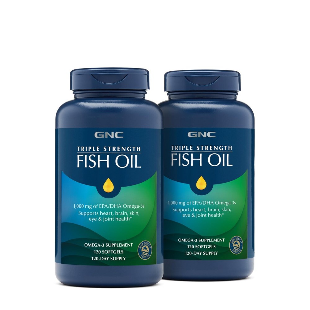 GNC Triple Strength Fish Oil, Twin Pack, 120 Softgels per Bottle, Supports Heart, Brain, Skin, Eye and Joint Health