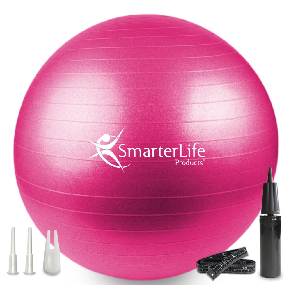 SmarterLife Exercise Ball Yoga Ball for Fitness, Balance, Stability, or Pregnancy, Gym Ball for Core Workout, Physical Therapy, Yoga Ball Chair for Office, Anti-Slip Anti-Burst (65 cm, Fuchsia)