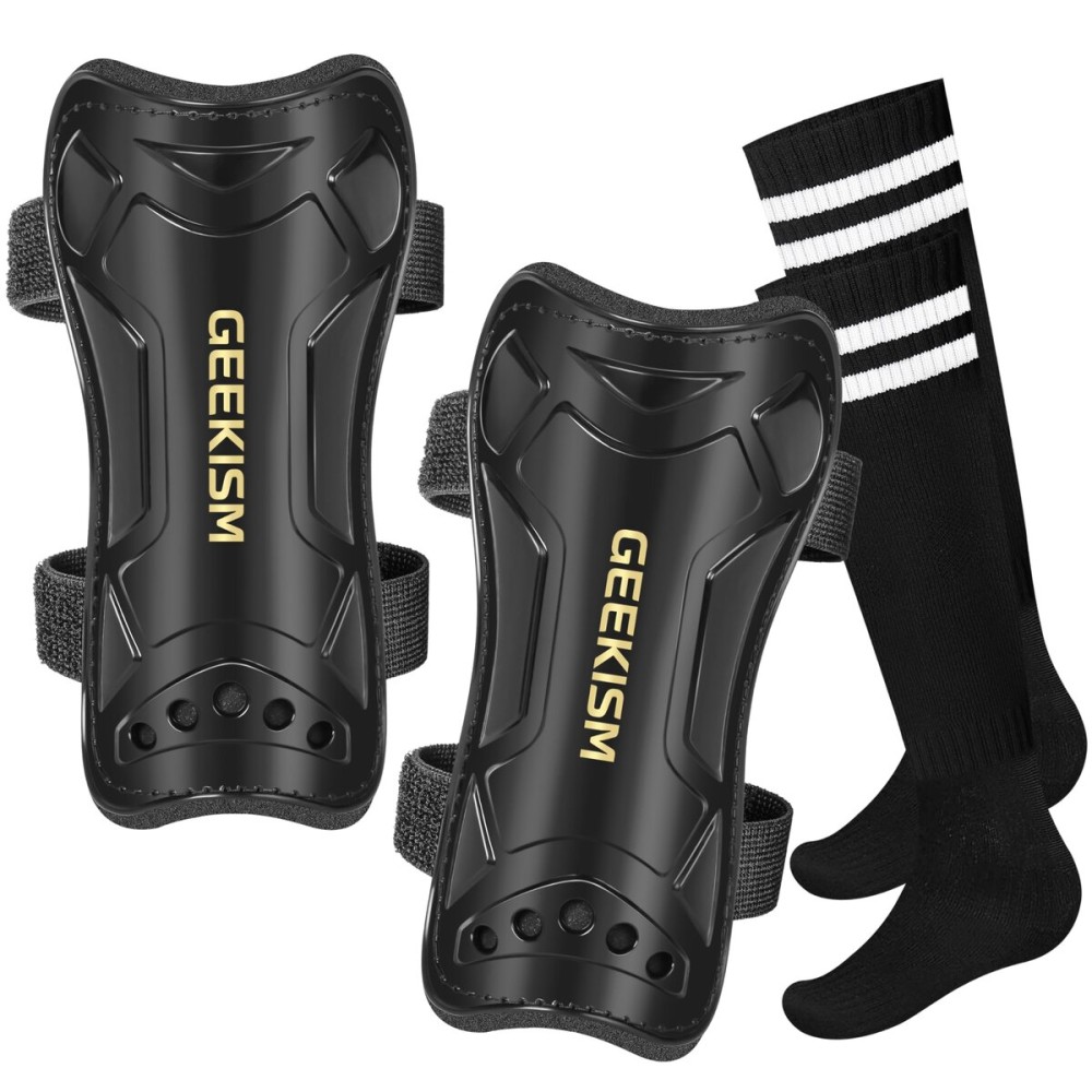 Soccer Shin Guards for Youth Kids Toddler, Upgraded Double Straps & Thicker, More Stable Protected Soccer Equipment - Football Gear for 3-5-7 4-6-8-10-12-14 Years Old Child Teens Boys Girls (Black, L)