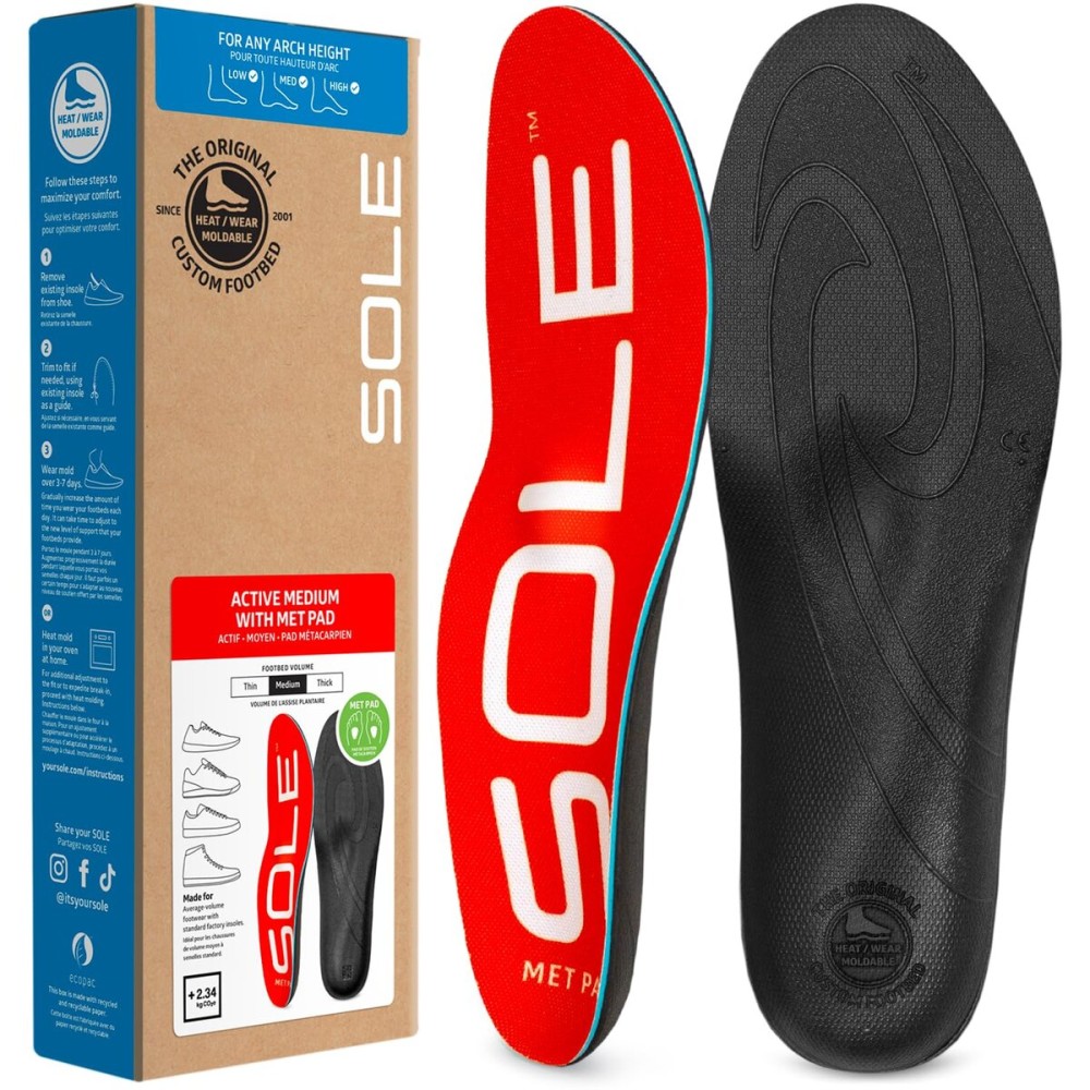 SOLE Active Medium + Met Pad Insoles - Custom Moldable Orthotic Support for Any Arch Type, Plantar Fasciitis Relief - Mens 3/Womens 5, 1 Pair