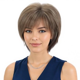 SEVENCOLORS Short Hair Wigs with Bangs Dark Brown Mixed Blonde Pixie Cut Wig for Women Straight Synthetic Fiber Wigs