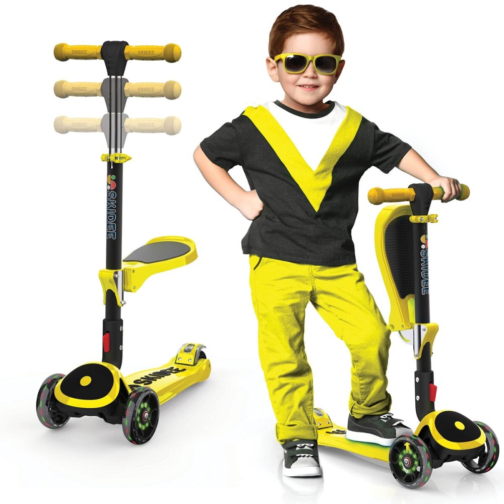 SKIDEE Kick Scooter for Kids Ages 3-5 | Foldable 3 Wheel Scooter with Lean-to-Steer, Adjustable Height, Removable Seat & LED Light Wheels | Toddler Scooter Up to 12 Year Old Boys/Girls, Yellow