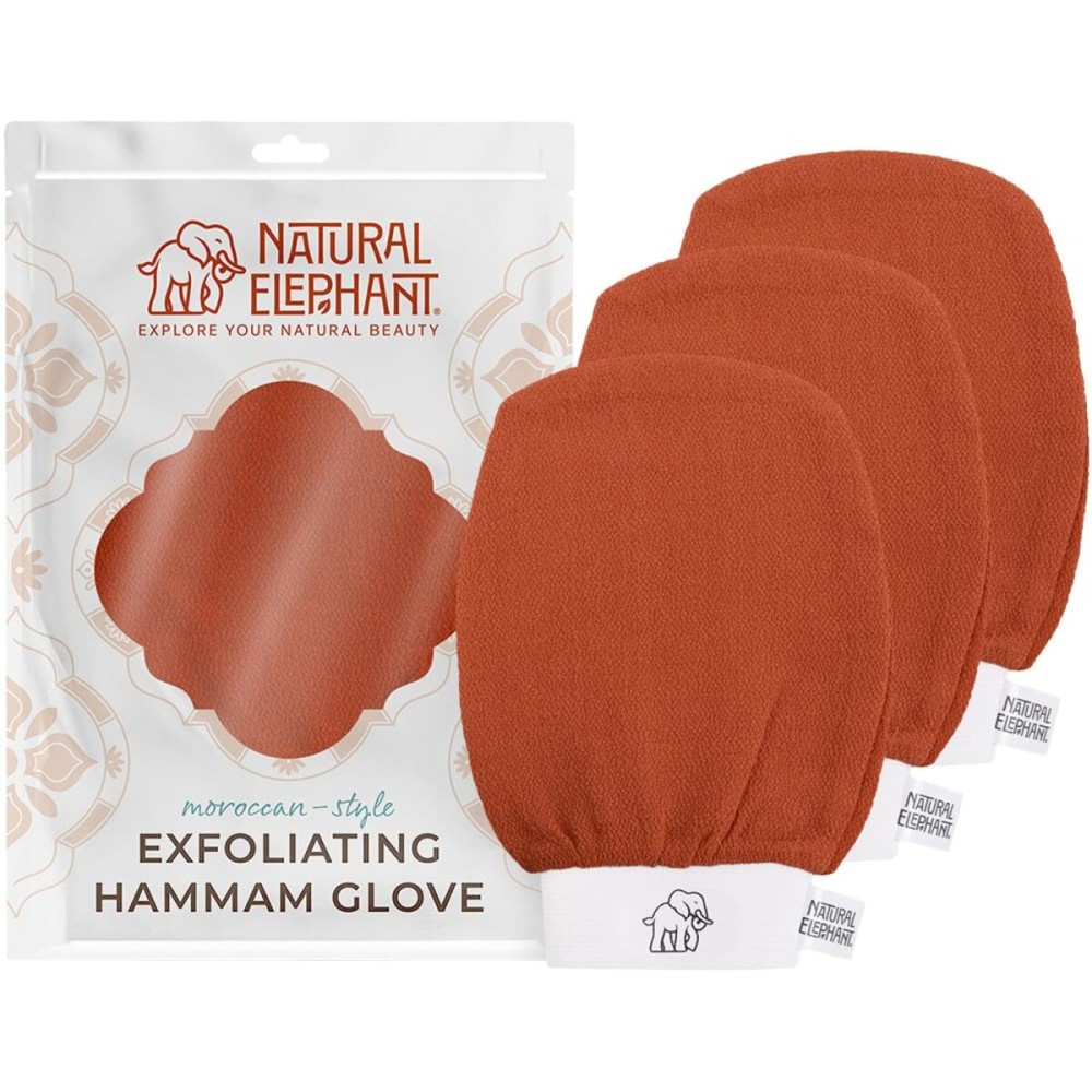 Natural Elephant Exfoliating Hammam Glove | Authentic Moroccan Kessa Body Scrub Mitt for Spa-Quality Skin Renewal | Burnt Orange Pack of 3
