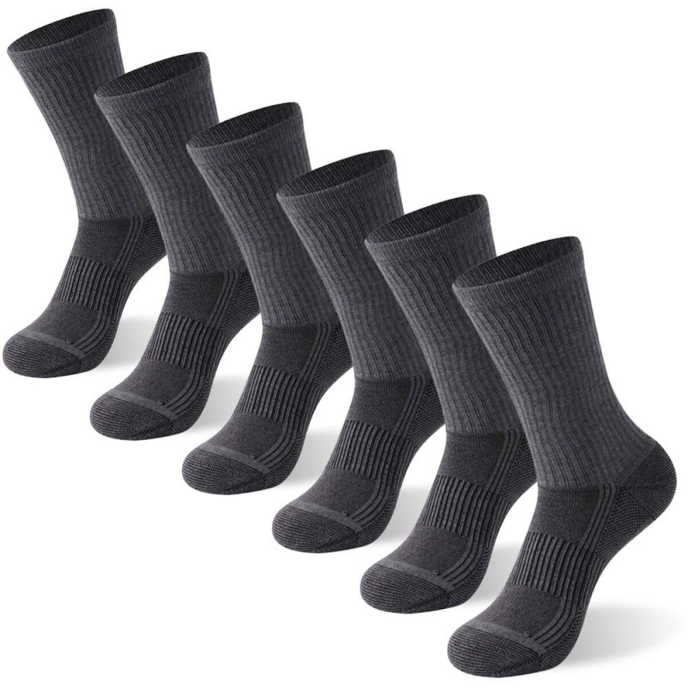 FOOTPLUS 6 Pairs Copper Hiking Running Socks,Mid Calf Thick Cushioned Camping Trekking Arch Support Odor Free Moisture Wicking Jogging Climbing Socks,Dark Grey, Medium