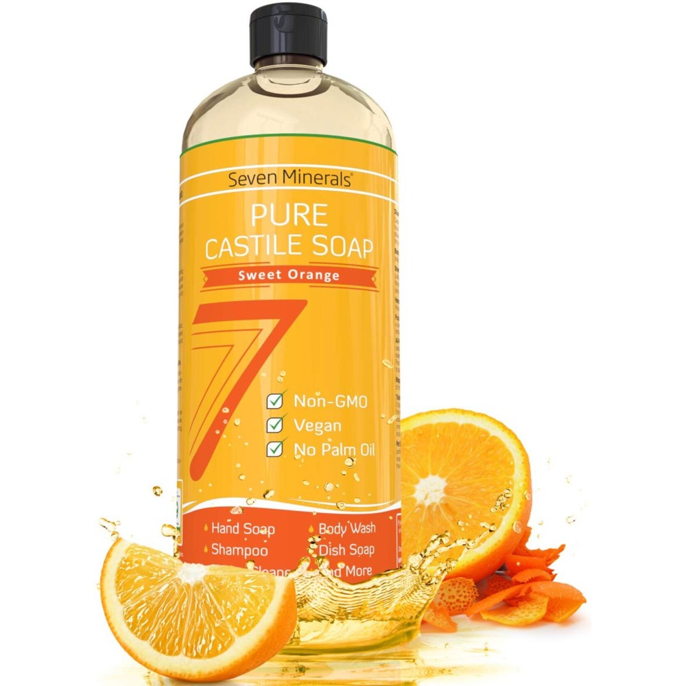 Seven Minerals Pure Castile Soap, Sweet Orange - No Palm Oil, GMO-Free - Gentle Liquid Soap For Sensitive Skin & Baby Wash - All Natural Vegan Formula with Organic Carrier Oils (33.8 fl oz)