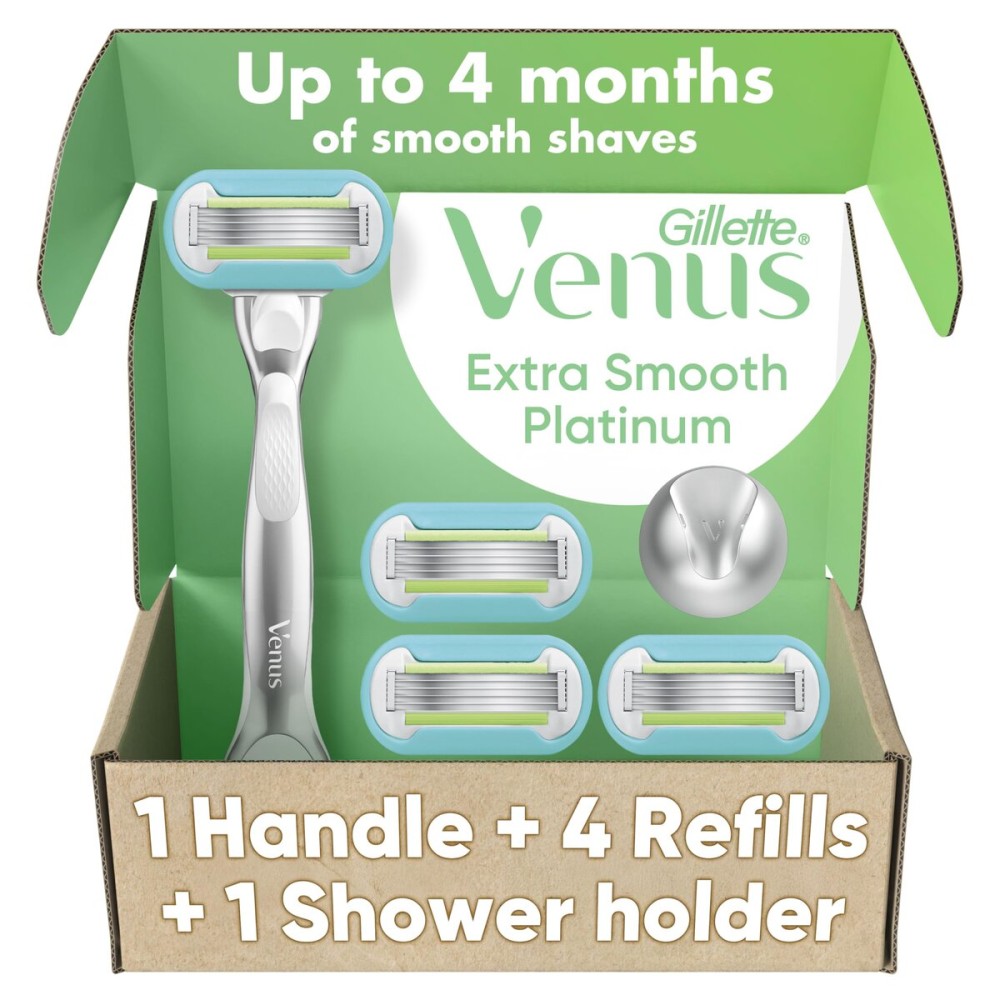 Gillette Venus Platinum Extra Smooth Metal Handle Women\'s Razor Handle + 4 Blade Refills, Pivoting Head and Ribbon of Moisture, Holiday Gifts for Women