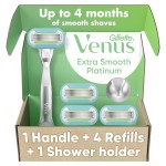 Gillette Venus Platinum Extra Smooth Metal Handle Women\'s Razor Handle + 4 Blade Refills, Pivoting Head and Ribbon of Moisture, Holiday Gifts for Women