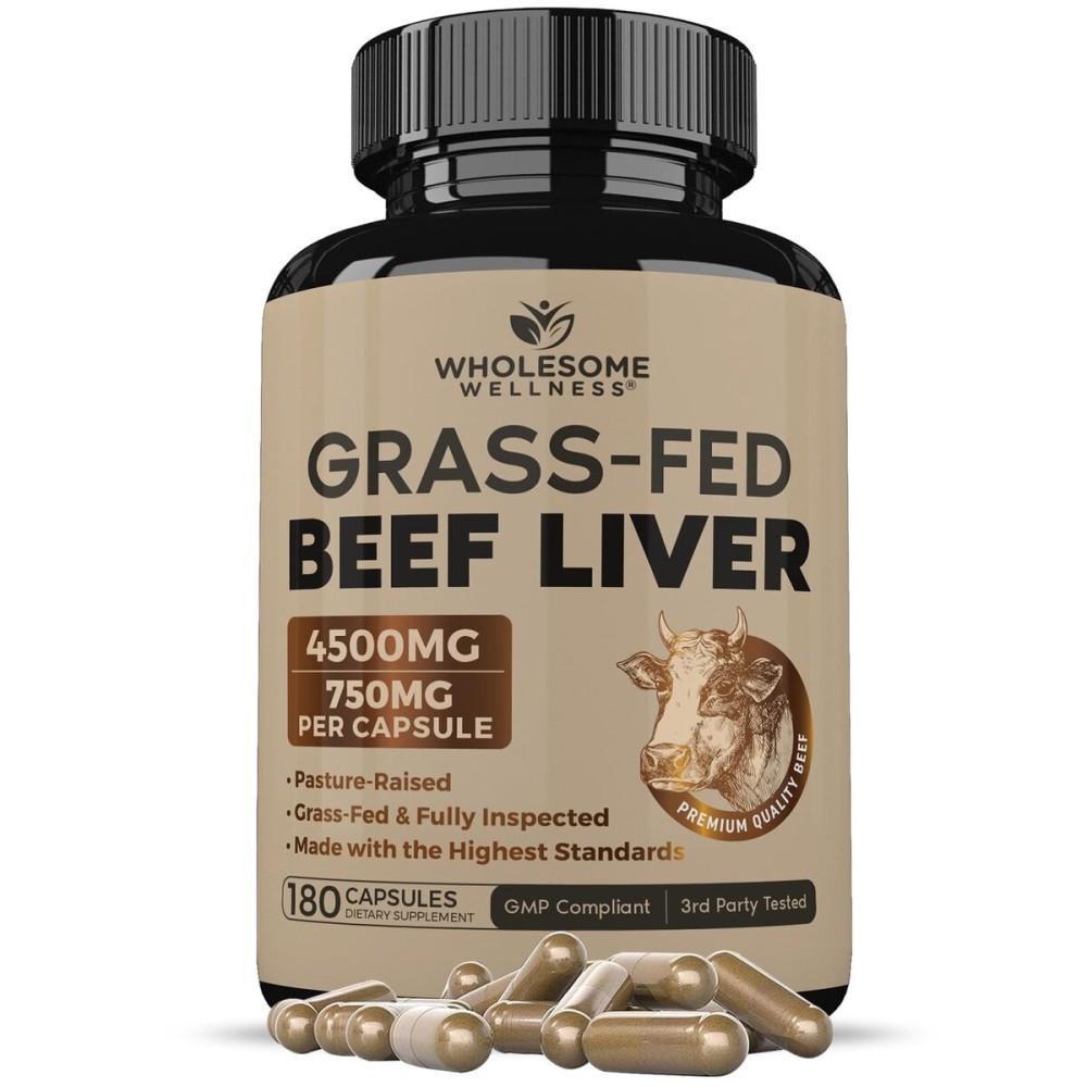 Wholesome Wellness Grass Fed Desiccated Beef Liver Capsules (180 Pills, 750mg Each) - Natural Iron, Vitamin A, B12 for Energy - Raised Undefatted in New Zealand Without Hormones or Chemicals