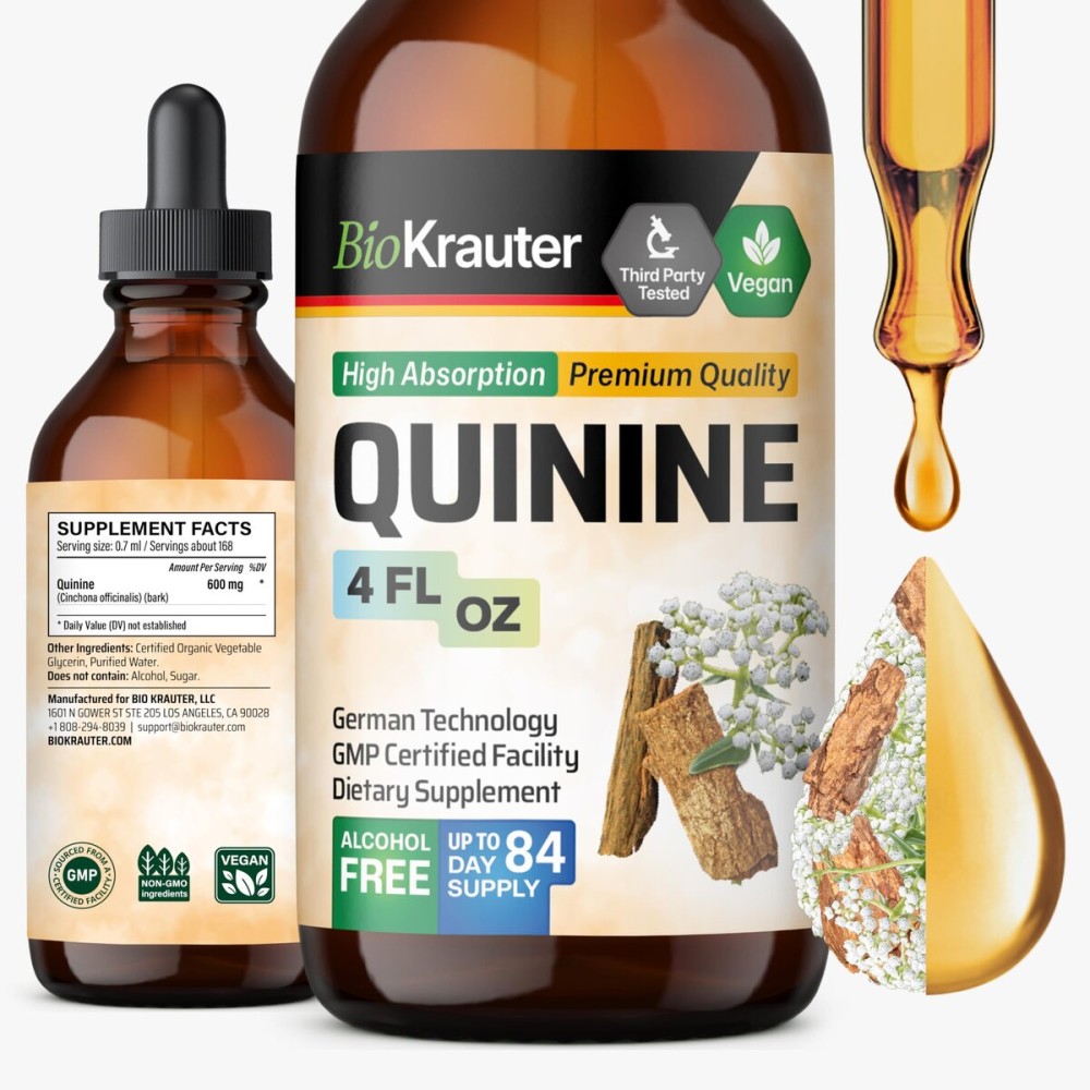 BIO KRAUTER Quinine for Leg Cramps Tincture - Cinchona Bark Extract - Vegan Quinine Liquid - Alcohol & Sugar Free Extract 4 Fl.Oz.