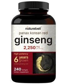 NatureBell Korean Red Ginseng 2,250mg Per Serving, 240 Softgels | Panax Ginseng Root, Standardized to 10% Ginsenosides, Non-GMO, Support Energy, Male Performance, & Immune System