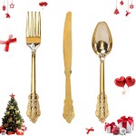 WDF 300 Pieces Gold Plastic Silverware Disposable - Heavy Duty Christmas Plastic Cutlery - Gold Silverware Sets Includes 100 Forks, 100 Spoons, 100 Knives