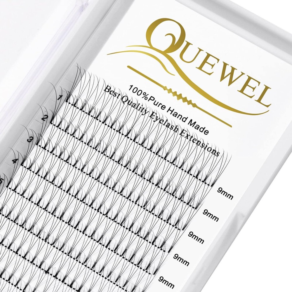 QUEWEL Premade Lash Fans, 3D Premade Fans Eyelash Extensions 0.10mm Thickness C Curl 9mm Volume Lash Extensions Short Stem Pre Made Fans Eyelash Extensions(3D 0.10C 9mm)