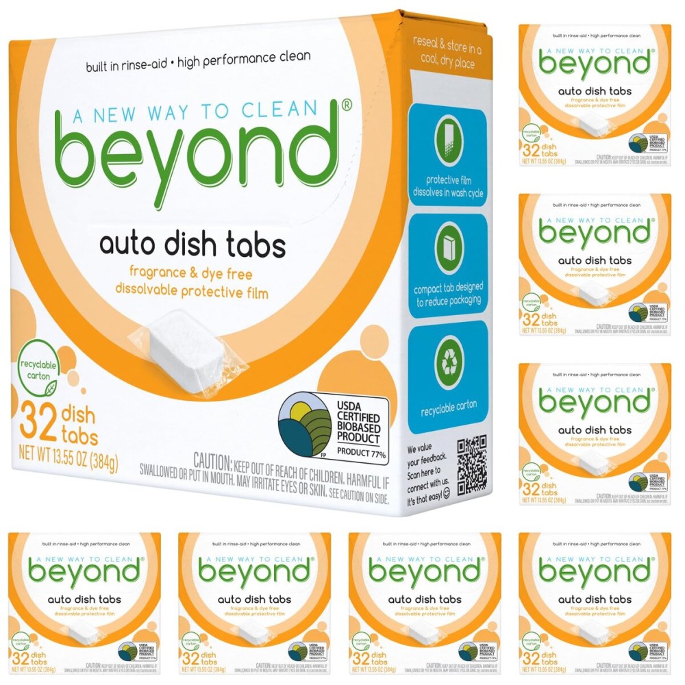 Beyond Natural Dishwasher Tablets [8 Boxs of 32] - Fragrance & Dye Free - Certified Biobased. Powerful. Plant-Based Ingredients