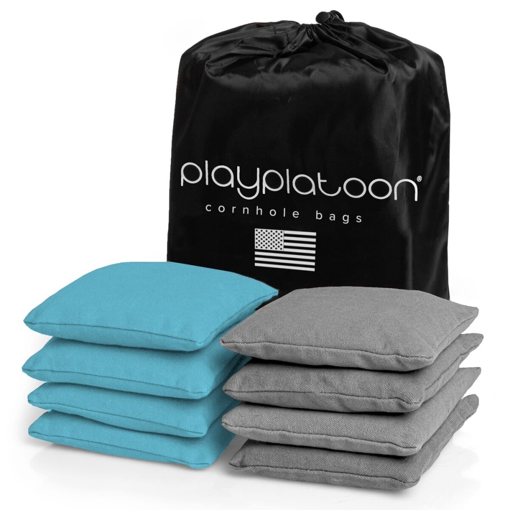Play Platoon Weather Resistant Cornhole Bags - Set of 8 Regulation Size - Light Blue & Gray - Durable Duck Cloth for Tossing Game, Includes Tote Bag