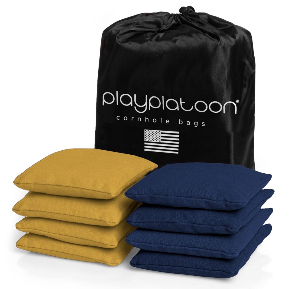 Play Platoon Weather Resistant Cornhole Bags - Set of 8 Regulation Corn Hole - Navy Blue & Gold - Durable Duck Cloth Corn Hole for Tossing Game, Includes Tote Bag