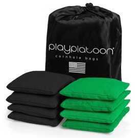 Play Platoon Weather Resistant Cornhole Bags - Set of 8 Regulation Size - Green & Black - Durable Duck Cloth for Tossing Game, Includes Tote Bag