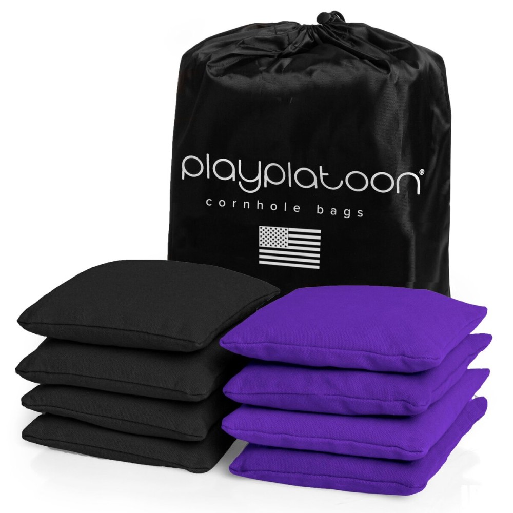 Play Platoon Weather Resistant Cornhole Bags - Set of 8 Regulation Corn Hole - Purple & Black - Durable Duck Cloth Corn Hole for Tossing Game, Includes Tote Bag