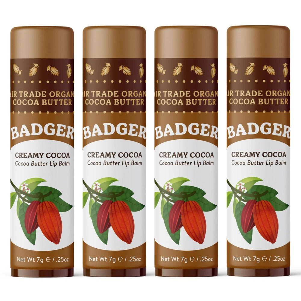 Badger Creamy Cocoa Cocoa Butter Lip Balm, Long Lasting Hydrating Lip Moisturizer, Fair Trade, Large Size Stick, 100% Organic Lip Care, 4-pack