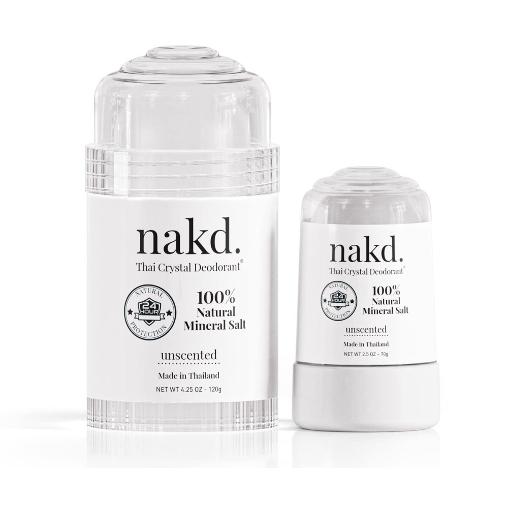 nakd. Thai Crystal Deodorant Stone - 2 Salt Crystal Deodorant Sticks, 4.25 oz. Regular + 2.5 oz. Travel Size - All Natural Unscented and Aluminum Free for Women & Men