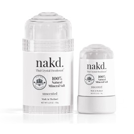 nakd. Thai Crystal Deodorant Stone - 2 Salt Crystal Deodorant Sticks, 4.25 oz. Regular + 2.5 oz. Travel Size - All Natural Unscented and Aluminum Free for Women & Men