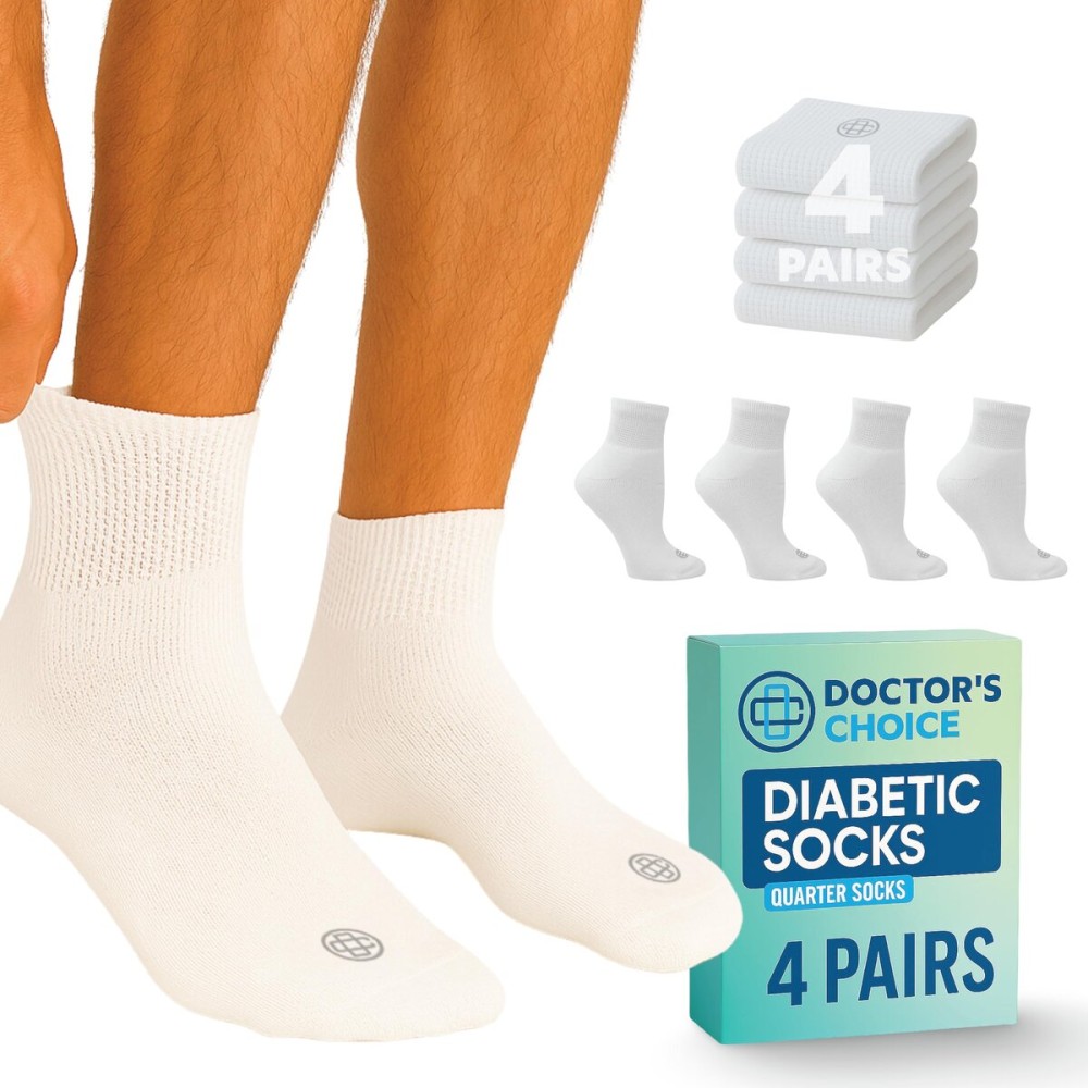 Doctor\'s Choice Diabetic Socks for Men, Seamless Ankle Socks with Non-Binding Top, Provides Extra Comfort for Gout, 4-Pairs, White, Large, Size 10-13