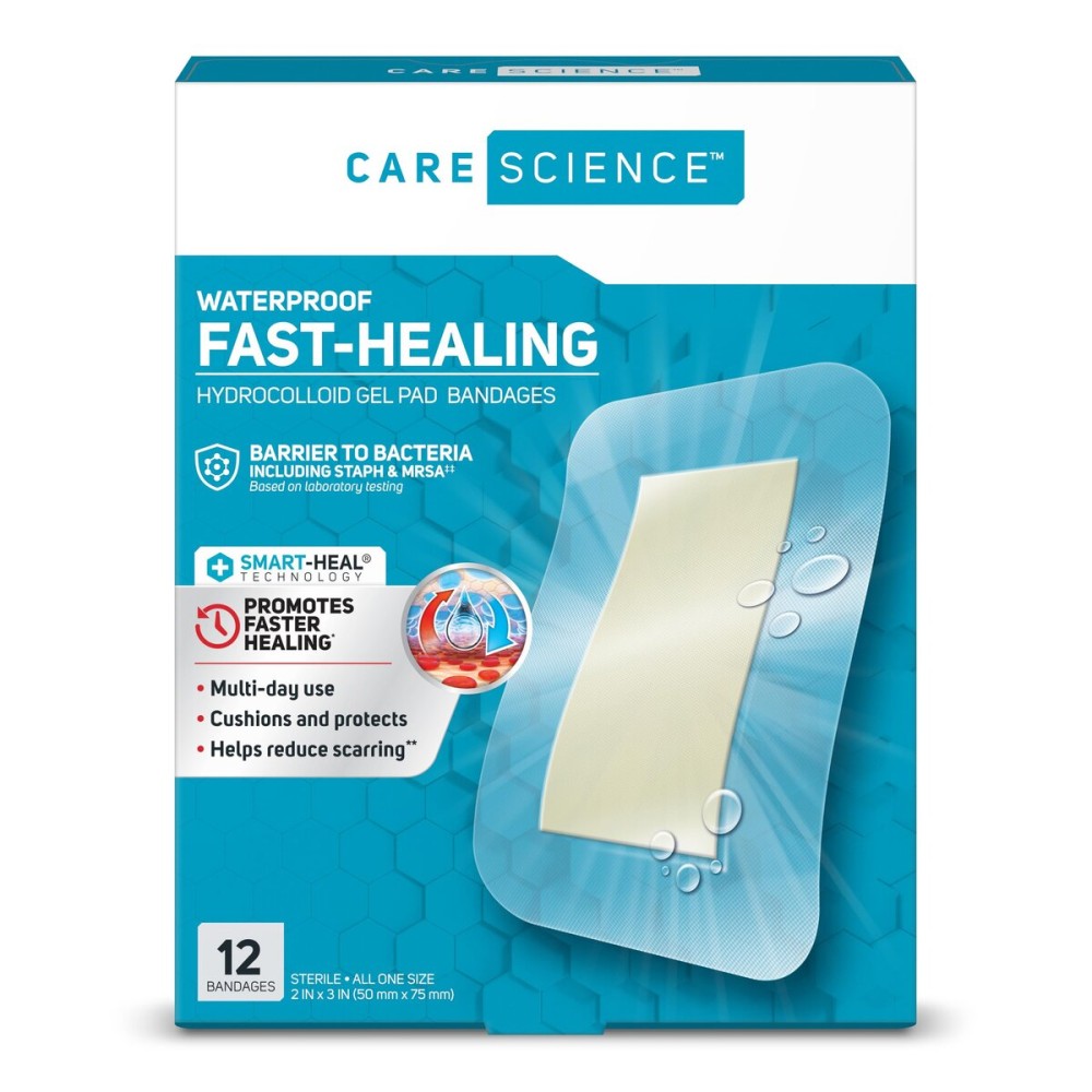 Care Science Smart Heal Waterproof Hydrocolloid Gel Pad Bandages, XL, 2 in x 3 in, 12 ct | 100% Waterproof Seal, for Blisters or Wound Care