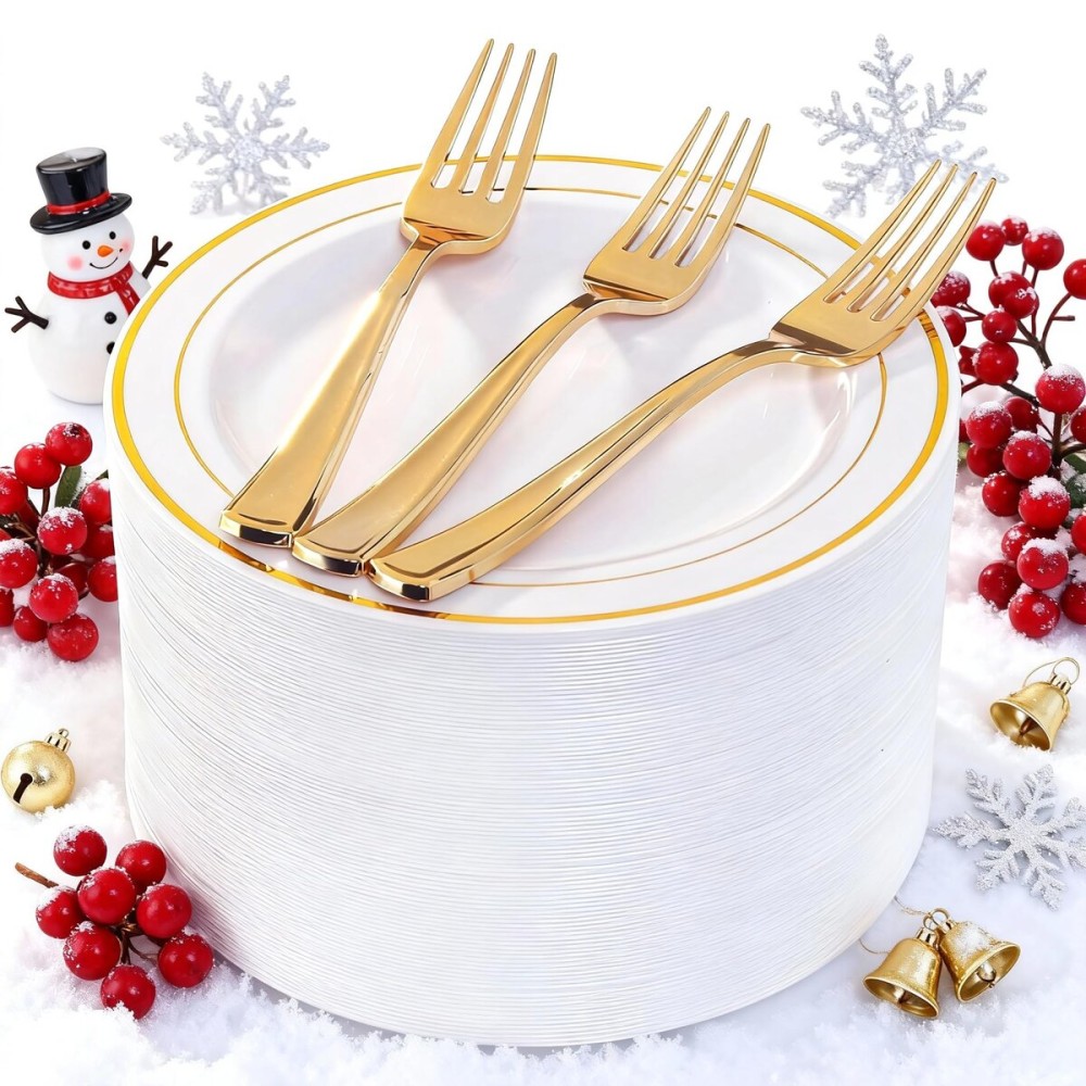 I00000 144 Small Plastic Dessert Plates Set Include 72 Pcs Gold Dessert Plates 7.5 with 72 Pcs Forks 7.5,Disposable Cake Plate,Fancy White Gold Plastic Small Plates for Party