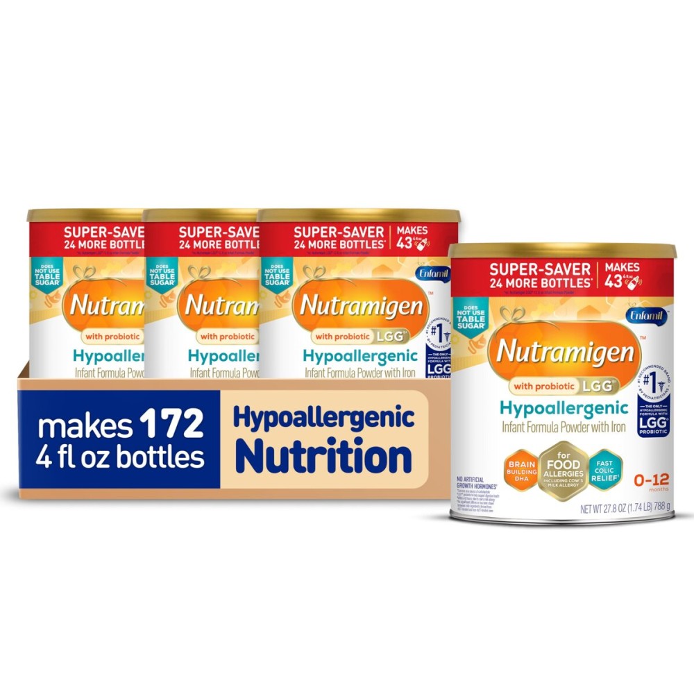 Enfamil Nutramigen Hypoallergenic Baby Formula with Iron, Lactose Free, Colic Relief from Cow\'s Milk Allergy Starts in 24 Hours, Brain Building DHA, Probiotic LGG for Immune Support, 27.8 Oz, 4 Count