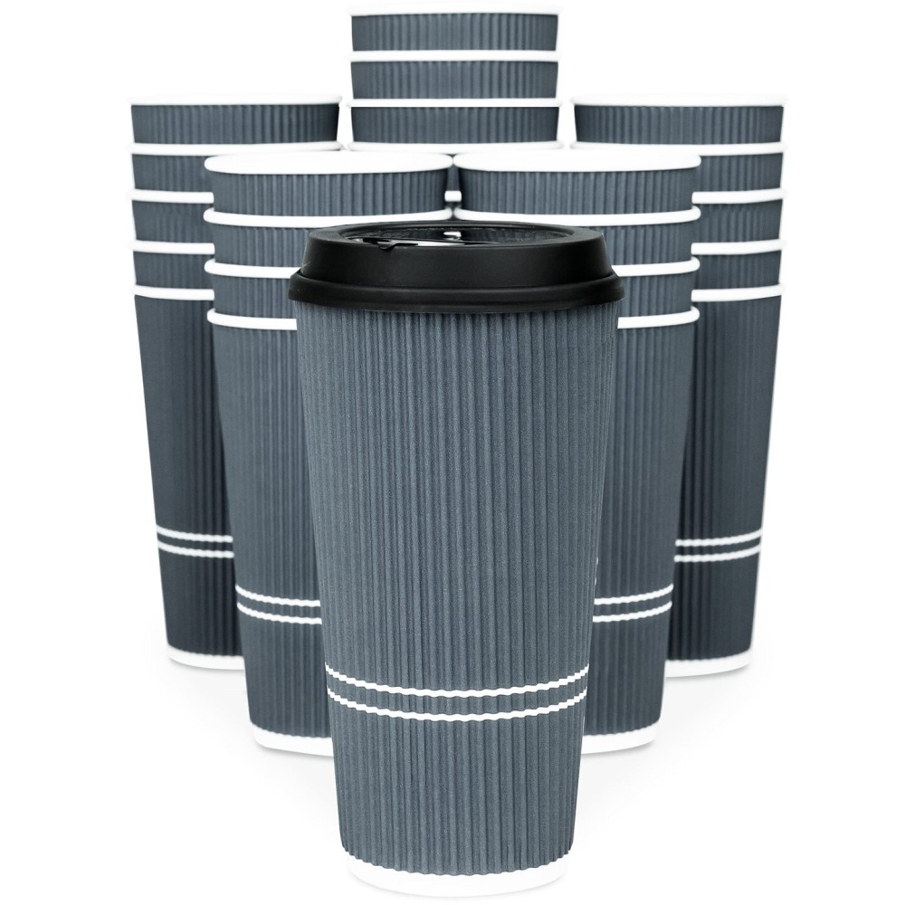 Glowcoast To Go Coffee Cups With Lids - 22 oz Disposable Coffee Cup With Lid. Large Togo Travel Paper Ripple Hot Cups Insulated For Hot, Cold Beverage Drinks, No Sleeves Needed (50, Dusk Grey)