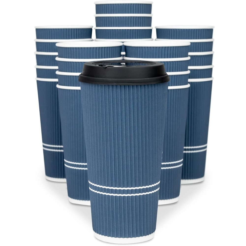 Glowcoast To Go Coffee Cups With Lids - 22 oz Disposable Coffee Cup With Lid. Large Togo Travel Paper Ripple Hot Cups Insulated For Hot, Cold Beverage Drinks, No Sleeves Needed (50, Royal Blue)
