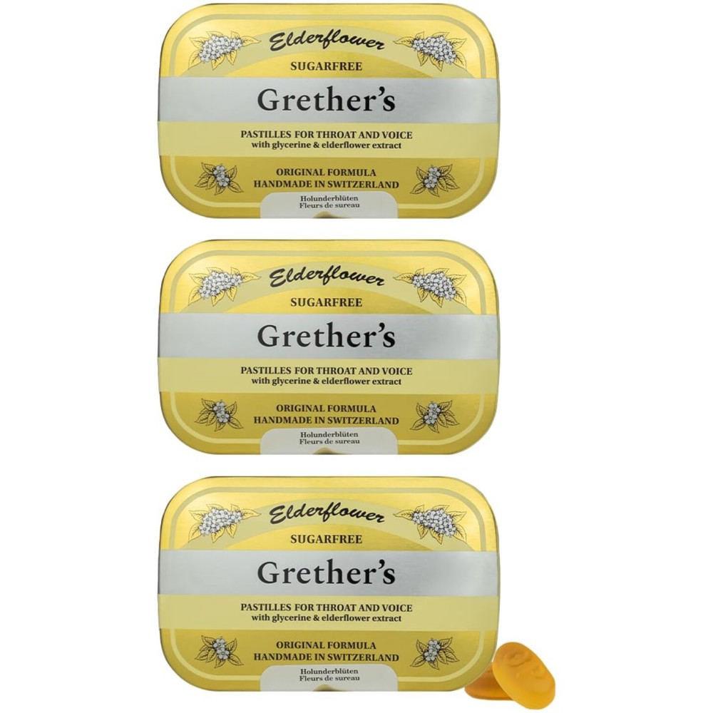 GRETHER\'S Sugarfree ElderFlower Pastilles - Natural Dry Mouth Relief - Soothing Throat & Healthy Voice - Gift for Singers - 2.1 oz. 3-Pack