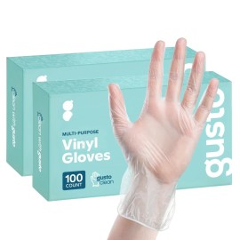 GUSTO [200 Count Disposable Vinyl Gloves - Clear, Latex-Free, Powder-Free, BPA-Free - Safe for Food Handling, Cooking & Cleaning - Large (Formerly Comfy Package)