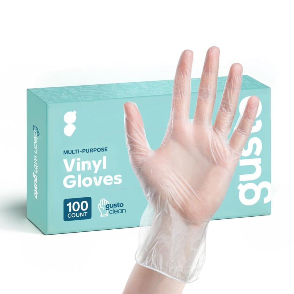 GUSTO [100 Count Disposable Vinyl Gloves - Clear, Latex-Free, Powder-Free, BPA-Free - Safe for Food Handling, Cooking & Cleaning - Large (Formerly Comfy Package)