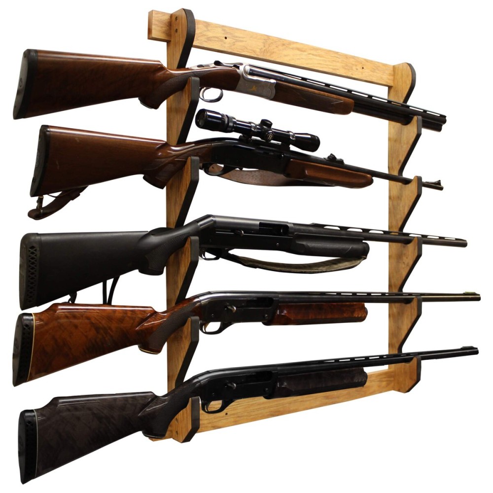 Rush Creek Creations Rifle and Shotgun Indoor Gun Rack for Wall - Stores Rifles, Shotguns, and AR-15 Style Firearms - Great Indoor 5 Gun Wall Mount Storage Display Rack - American Cherry Finish