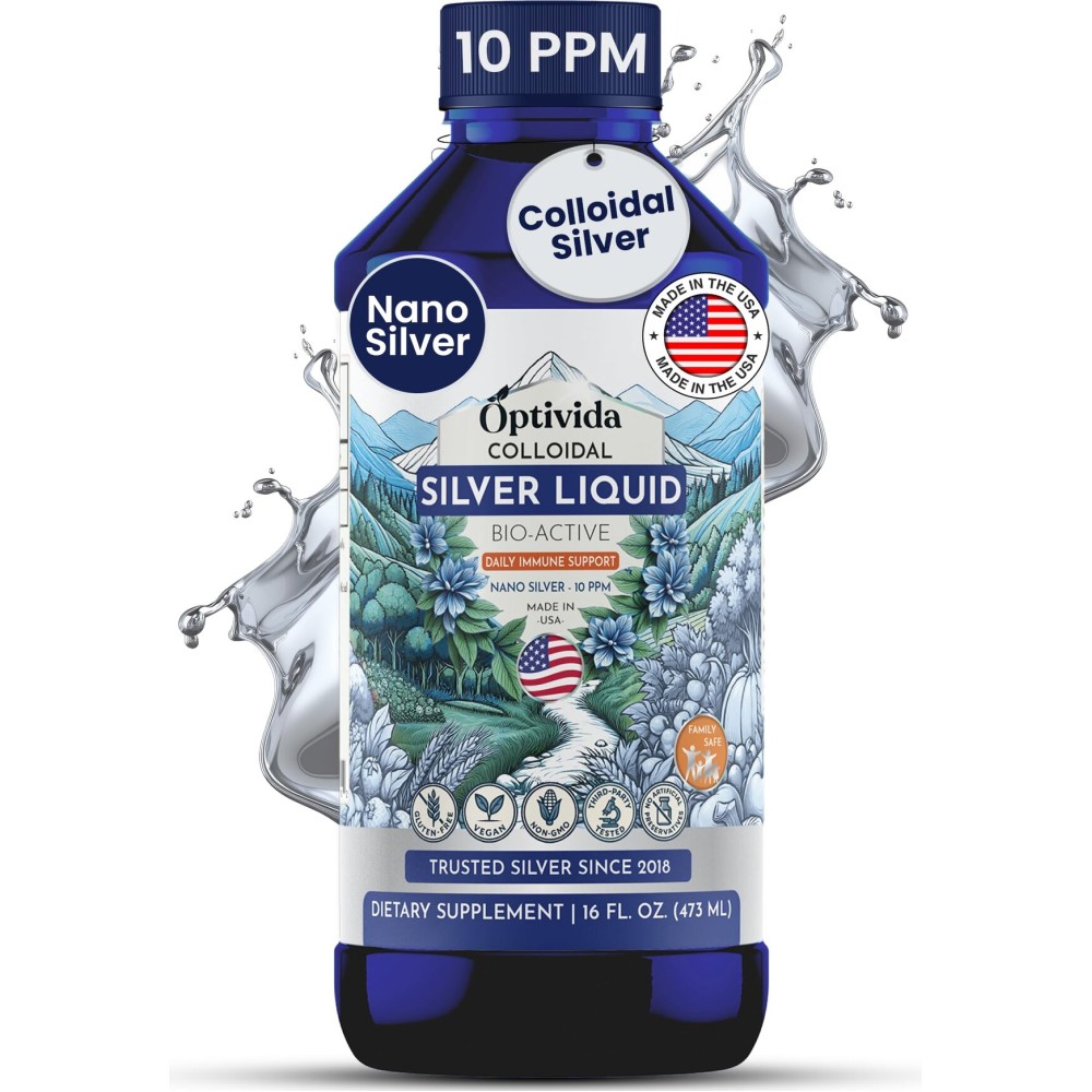 Optivida Colloidal Silver Liquid for Immune Support - Premium 10PPM Nano Silver Hydrosol Liquid Supplement for Daily Wellness, Natural Silver Water for Adults & Kids, Non-GMO, Gluten-Free (16 Oz)
