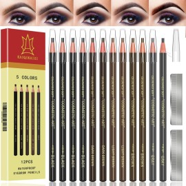 Eyebrow Pencils Brow Pencil Set For Marking, Filling And Outlining, Tattoo Makeup And Microblading Supplies Kit-Permanent Eye Brow Liners In, 12Pcs 5Colors(4Black6Brown2Gray(Multicolor)