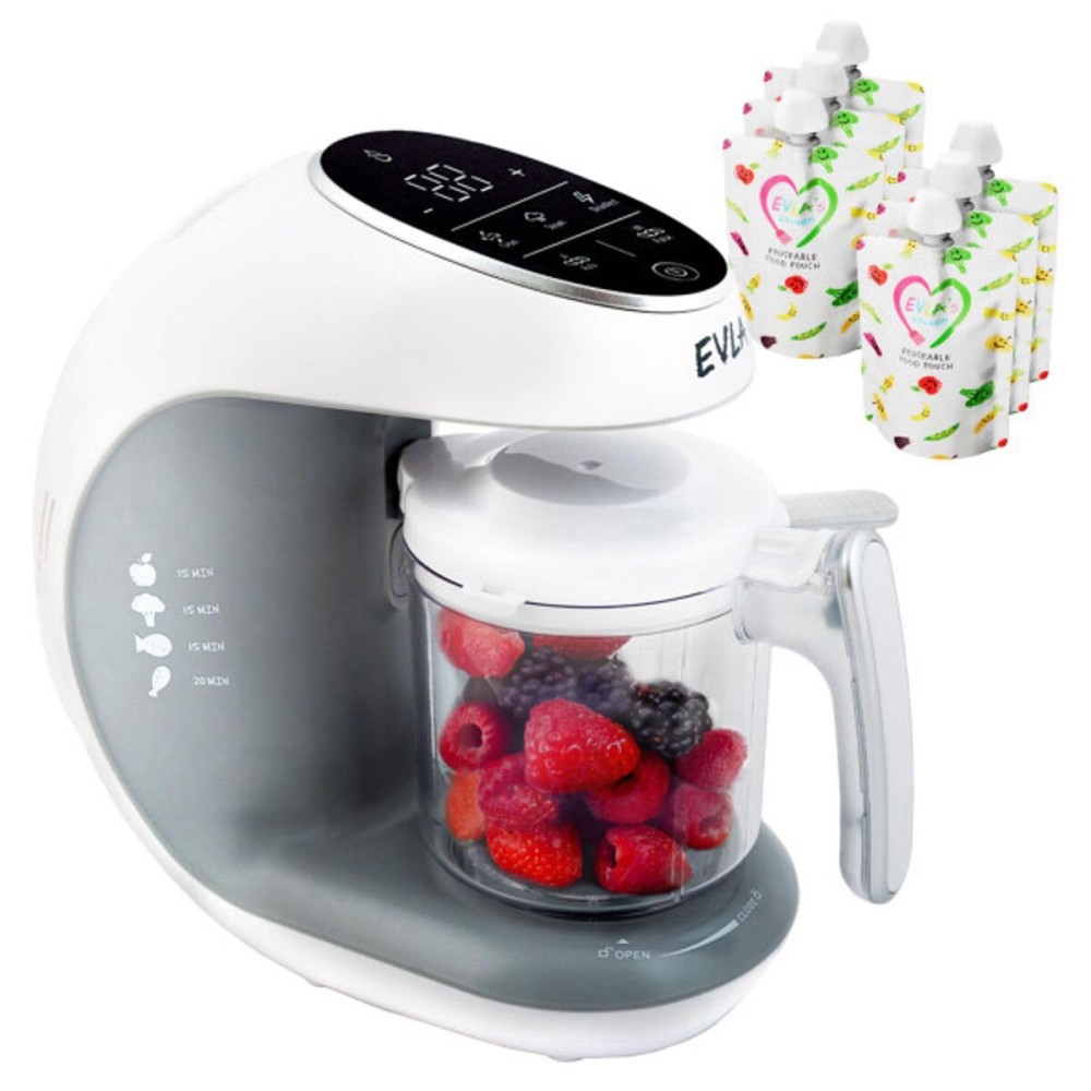 EVLA\'S Baby Food Maker, Steamer, Blender, Baby Food Processor for Healthy Homemade Baby Food in Minutes, Touch Screen with 6 Reusable Food Pouches, Baby Registry Essential, White