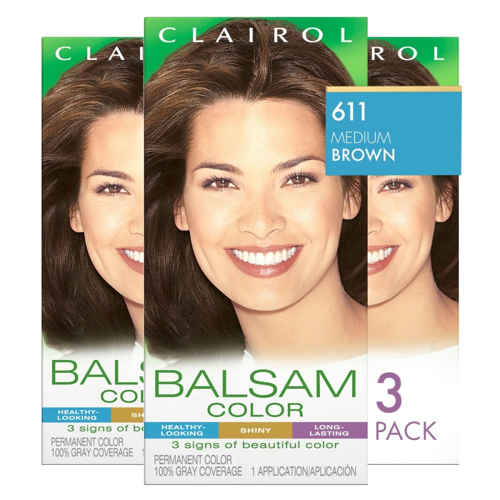 Clairol Balsam Permanent Hair Dye, 611 Medium Brown Hair Color, Pack of 3