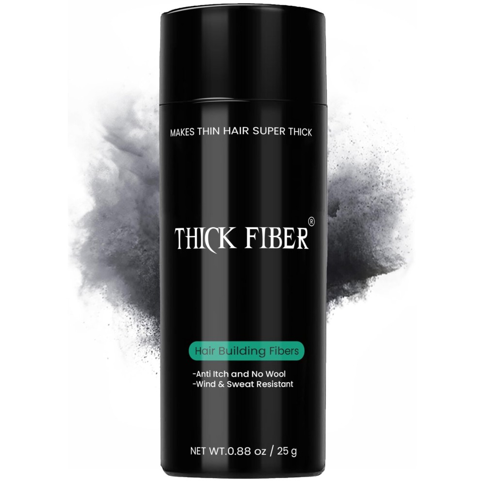 THICK FIBER Hair Fibers for Thinning Hair & Bald spots (BLACK) - 25g Bottle - Conceals Hair Loss in Seconds - Hair Powder for Women & Men