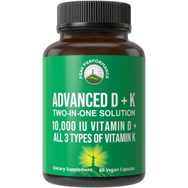 Peak Performance Advanced Vitamin D 10000 IU with All 3 Types of Vitamin K Capsules 10,000 IU Vitamin D3 and Vitamin K2, K1, MK-7 (MK7), MK4 Supplement. 60 Small and Easy to Swallow Pills