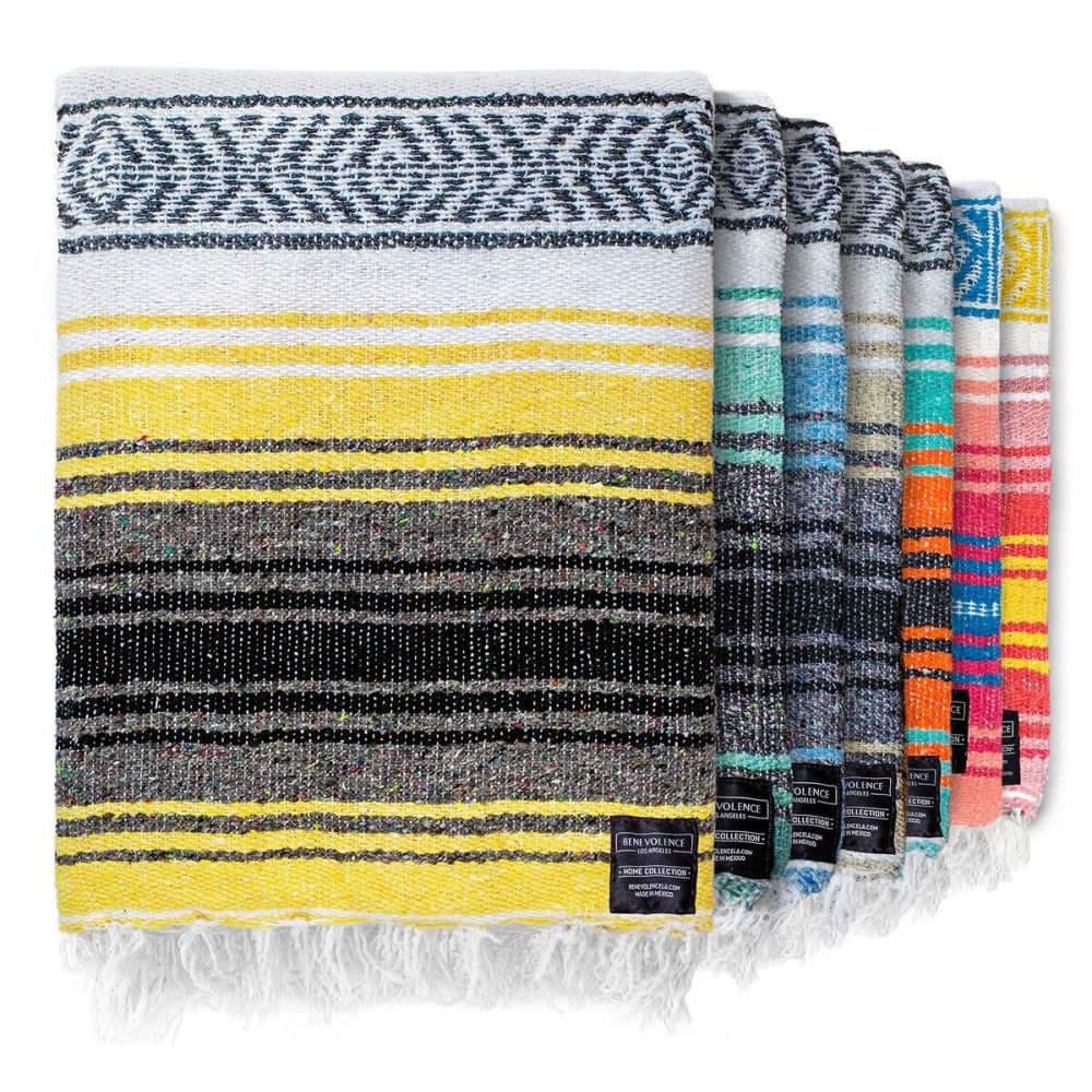 Benevolence LA Authentic Handwoven Mexican Blanket | Yoga Blankets, Outdoor, Picnic, Beach, Camping | Equestrian Saddle | Serape 50x70 inches - Sunshine, Pack of 1