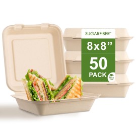 [50 COUNT]Harvest Pack PFAS FREE 8 X 8 Compostable Clamshell Food Containers, Heavy-Duty to go Hinged Container, Disposable Bagasse Eco-Friendly Natural Takeout to go Box, Made from Sugarcane
