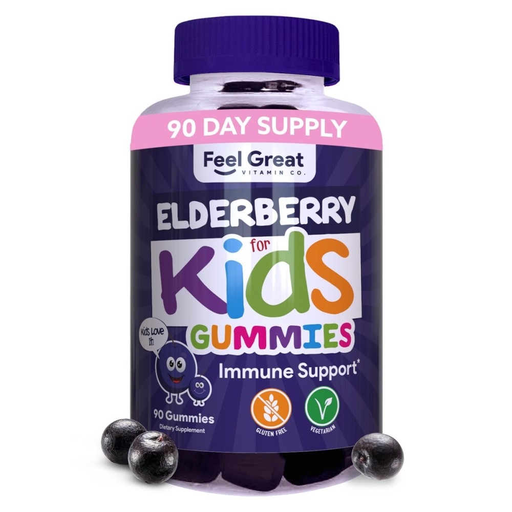 Feel Great Vitamin Co. Elderberry Gummies for Kids | Immune Support | Natural Antioxidant Immune Booster | with Vitamin C and Zinc | Gluten Free & Vegetarian | 90 Gummies