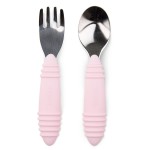 Bumkins Toddler Utensils, Kids Fork and Spoon Set, Silicone and Stainless-Steel Silverware, Angled Forks / Sporks for Self-Feeding, Children Training Flatware Cutlery for 18 Months Up, Pink