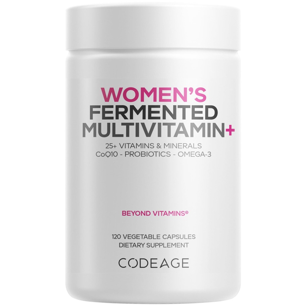 Codeage Womens Daily Multivitamin, 25+ Vitamins & Minerals, Fermented, Organic Whole Foods, Probiotics Supplement - Vitamin A, B, C, D, E & K, Omega 3, Zinc - Vegan - 120 Capsules
