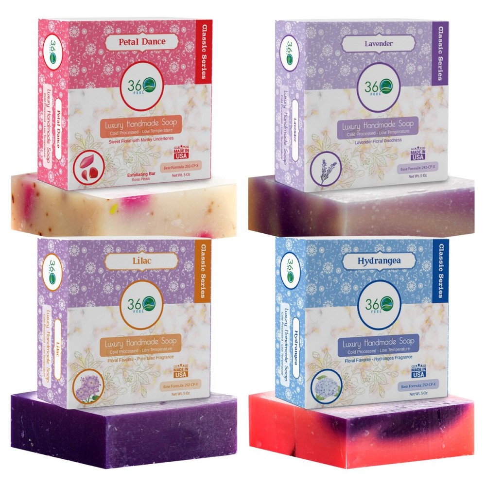 360 Feel - Floral Bar Soap Set - Made in the USA - Castile Handmade All Natural Cold Processed - Infused with Lavender, Lilac , Hydrangea & Petal Dance - Moisturizing Skin Care - (5oz, 4-Pack)
