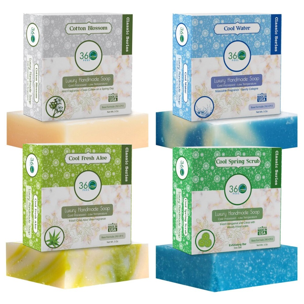 360 Feel Fresh Bar Soap Set - Made in the USA - Castile Handmade All Natural Cold Processed - Infused 4 Refreshing Scents Aloe Vera, Cotton Blossom, Spring Scrub, & Cool Water - (5oz, 4-Pack)