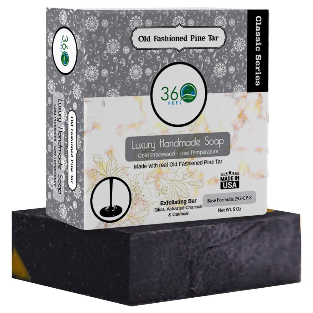 360Feel Pine Tar Bar Soap - Made in the USA - Castile Handmade, All-Natural, Cold-Processed - Infused with Pine Tar for Relaxation & Calm - Rich, Creamy Lather - (5oz)