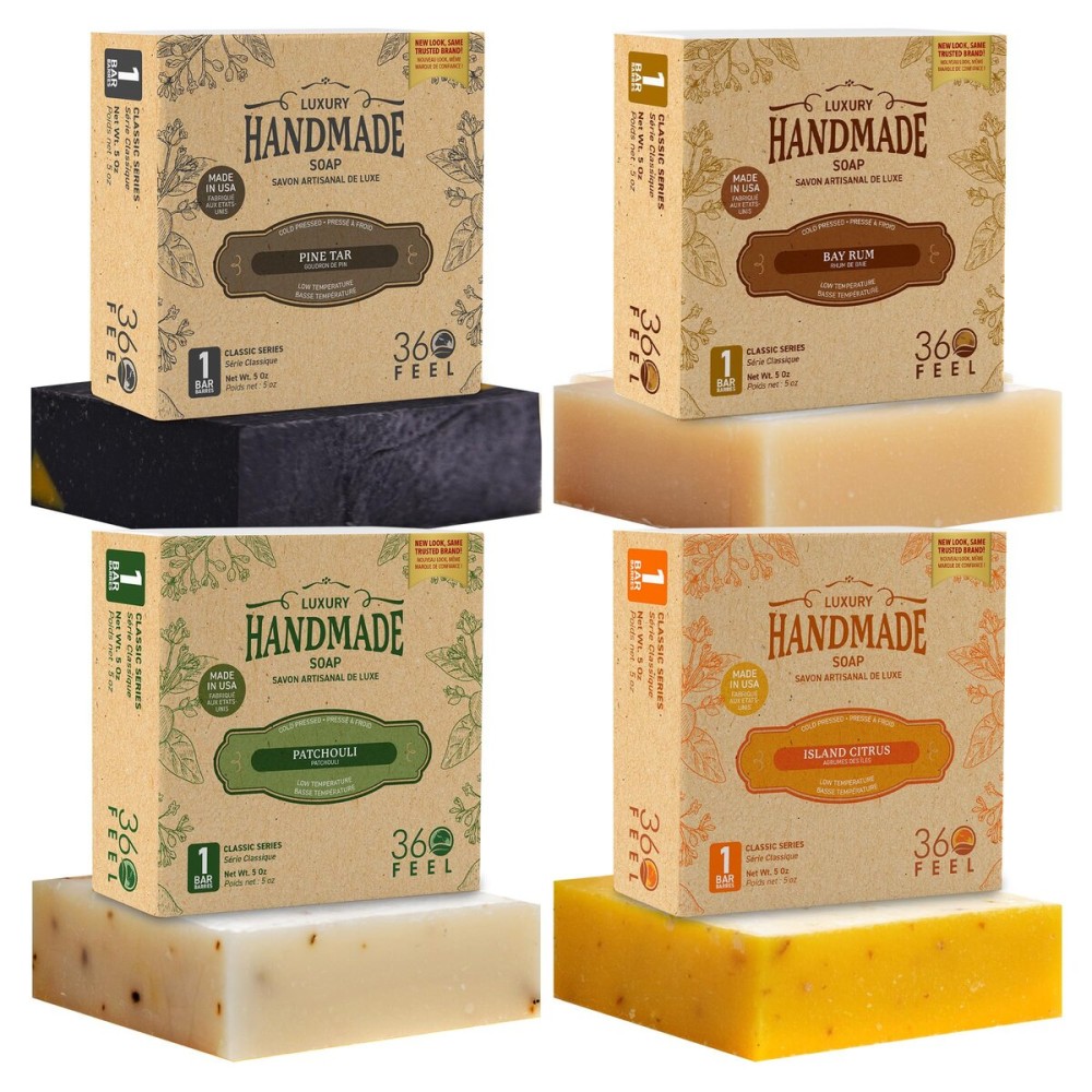 360Feel Mens Bar Soap - Made in the USA - Castile Handmade All Natural Cold Processed - Includes 4 Bold Masculine Scents: Bay Rum, Pine Tar Black Soap bar, Patchouli & Island Citrus (5oz, 4-Pack)