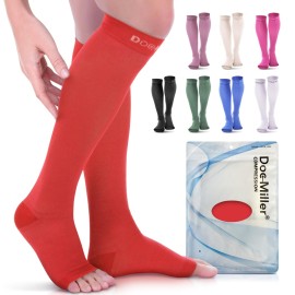 Doc Miller Open Toe Compression Socks, 20-30 mmHg, Toeless, Support Circulation, Shin Splints, Calf Recovery, Post Op, Knee High, Medical Grade, Red Socks, Large Size for Men & Women, Pair